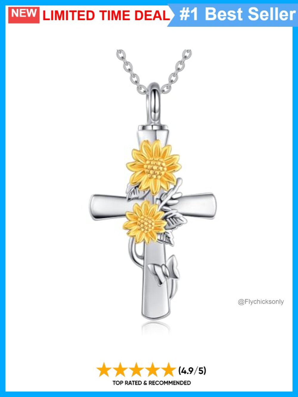 Sterling Silver Sunflower Cross Urn Necklace for Ashes Cremation Pendant